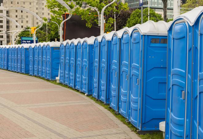 a row of sleek and modern portable restrooms at a special outdoor event in Blue Ridge